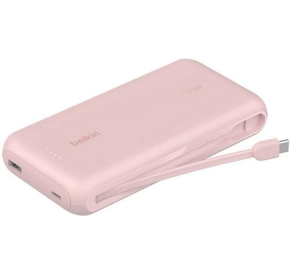Belkin Powerbank 20000 mAh, PD 30 W, mit integriertem USB-C-Kabel, Pink