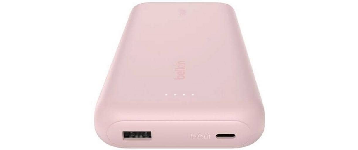 Belkin Powerbank 20000 mAh, PD 30 W, mit integriertem USB-C-Kabel, Pink