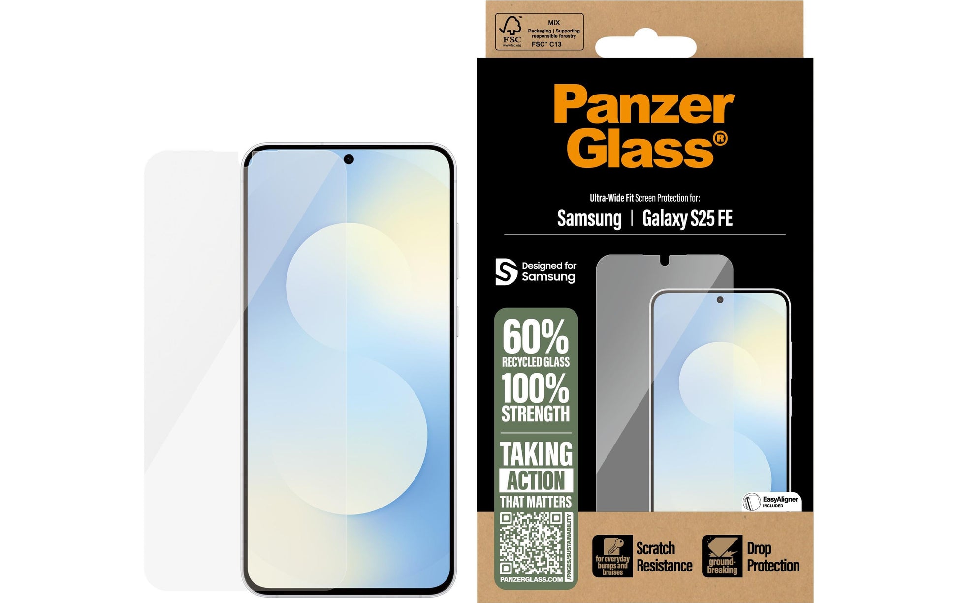 PanzerGlass Ultra Wide Fit – für Samsung Galaxy S25 FE – kratzfest, mit Easyaligner