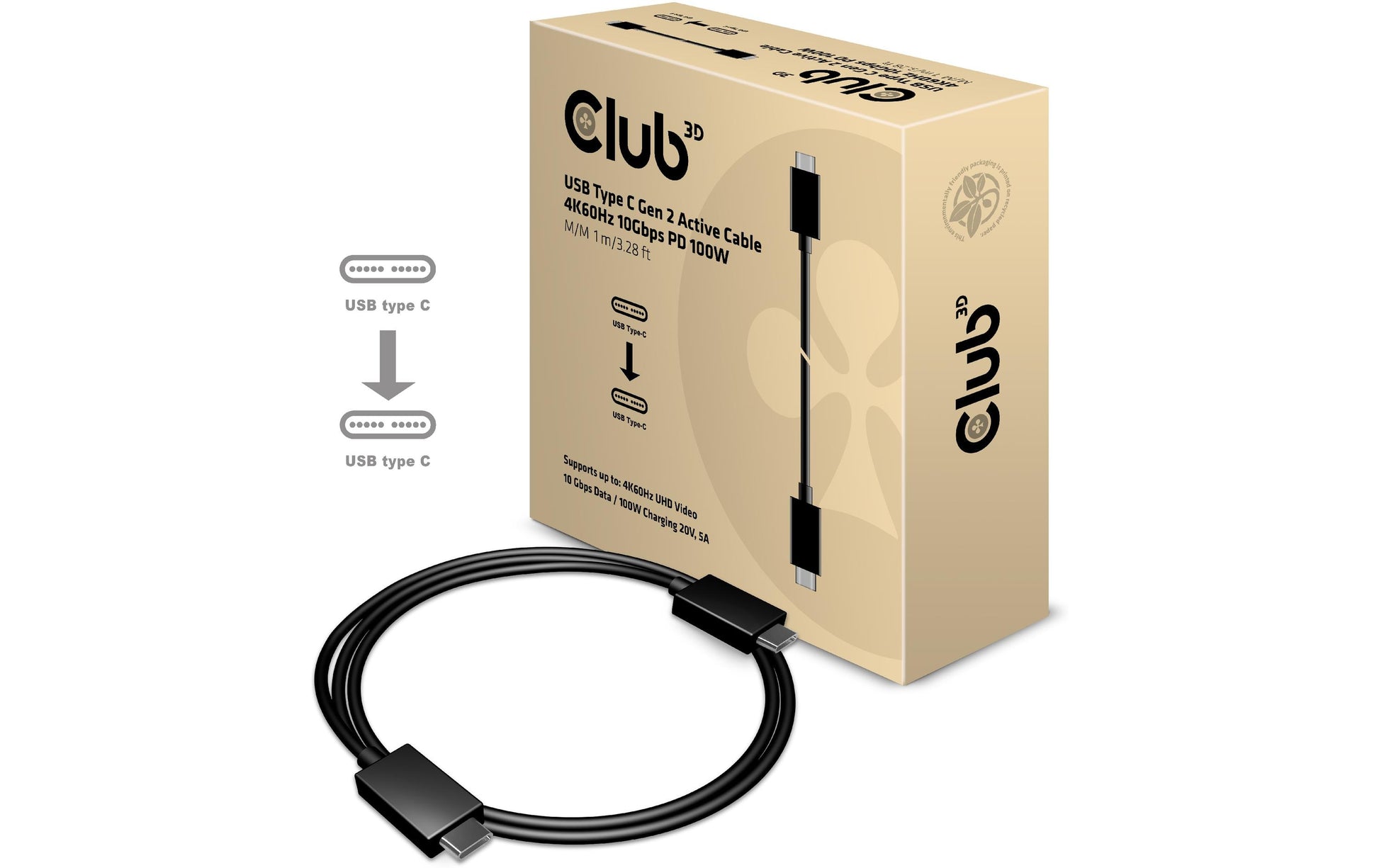 CLUB3D USB-C auf USB-C Kabel – USB 3.2 Gen 2 – 1 m – PD 100 W – Schwarz – für Windows, Mac, Chrome OS