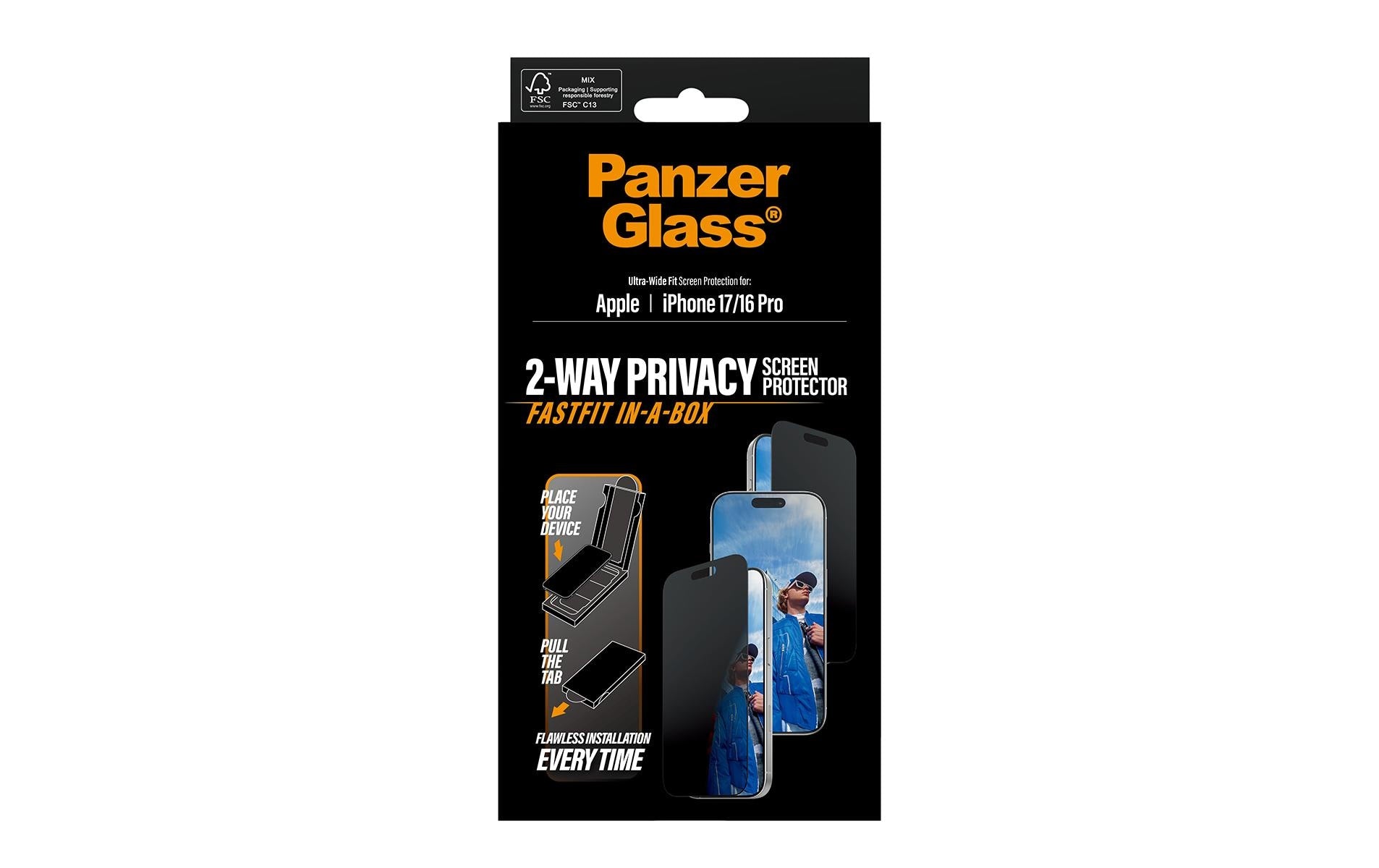 PanzerGlass Displayschutzfolie Privacy – für Apple iPhone 17 – kratzfest, aus recyceltem Material