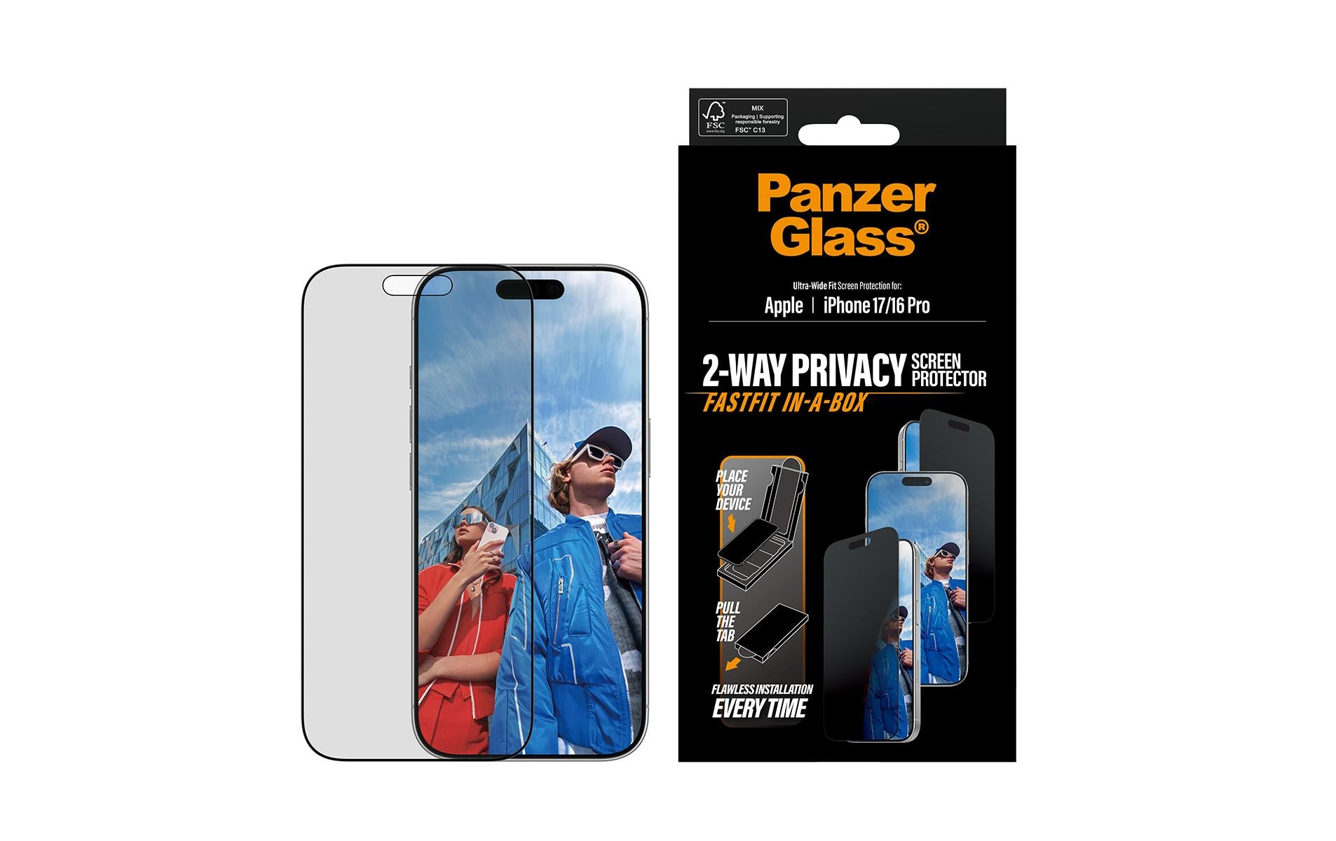 PanzerGlass Displayschutzfolie Privacy – für Apple iPhone 17 – kratzfest, aus recyceltem Material