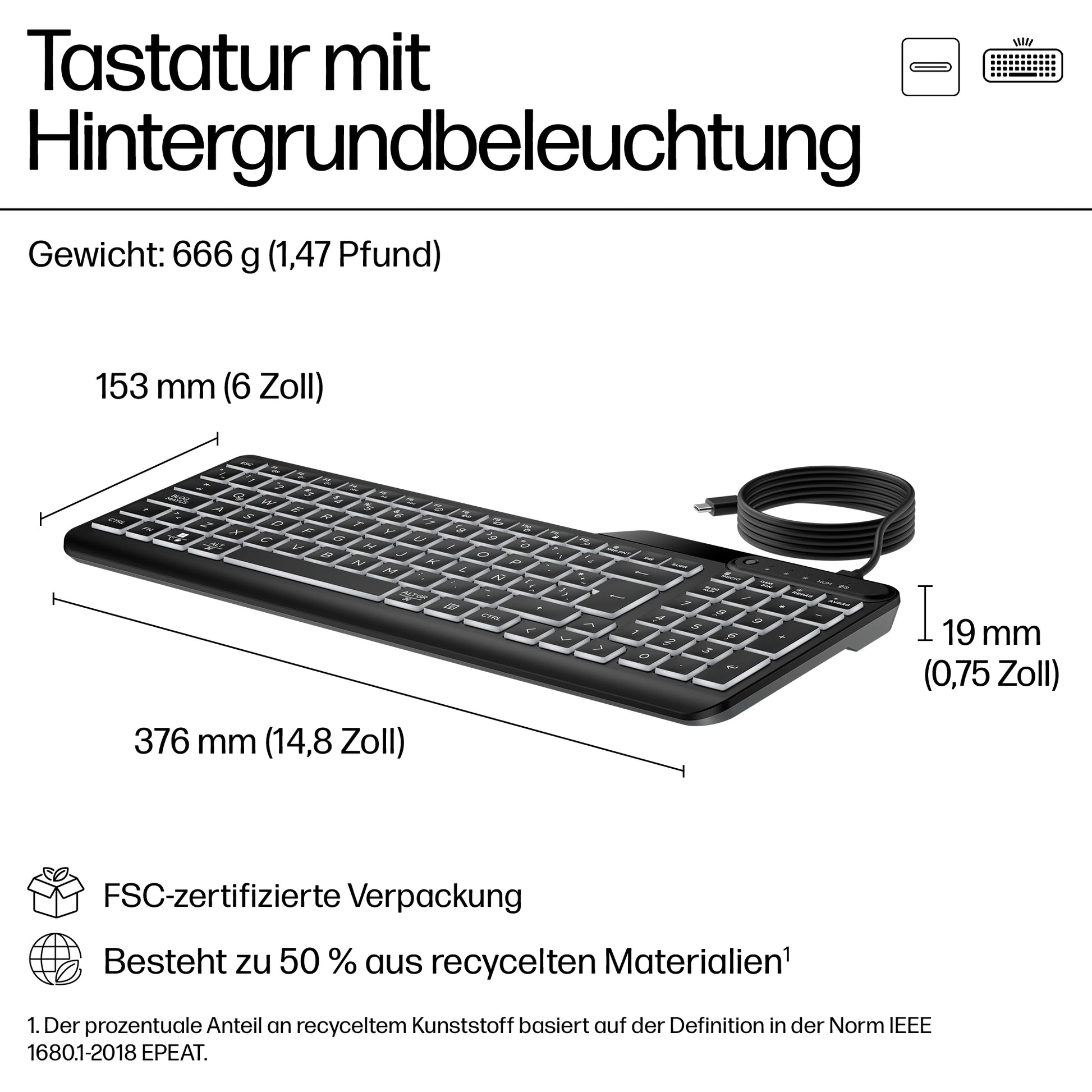 HP Tastatur – kabelgebunden, beleuchtet – USB‑A/USB‑C – programmierbare Schnelltasten – schwarz