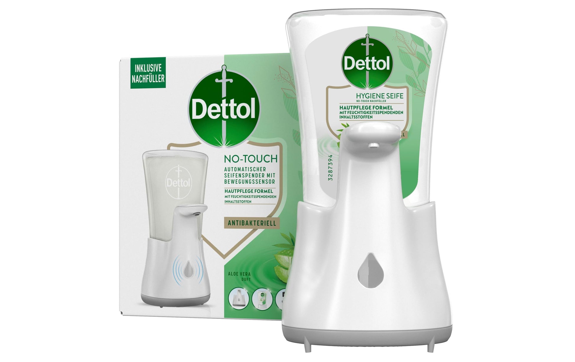 Dettol No Touch automatischer Seifenspender Starter-Set – Silber, Gerät + Nachfüller 250 ml, Aloe Vera