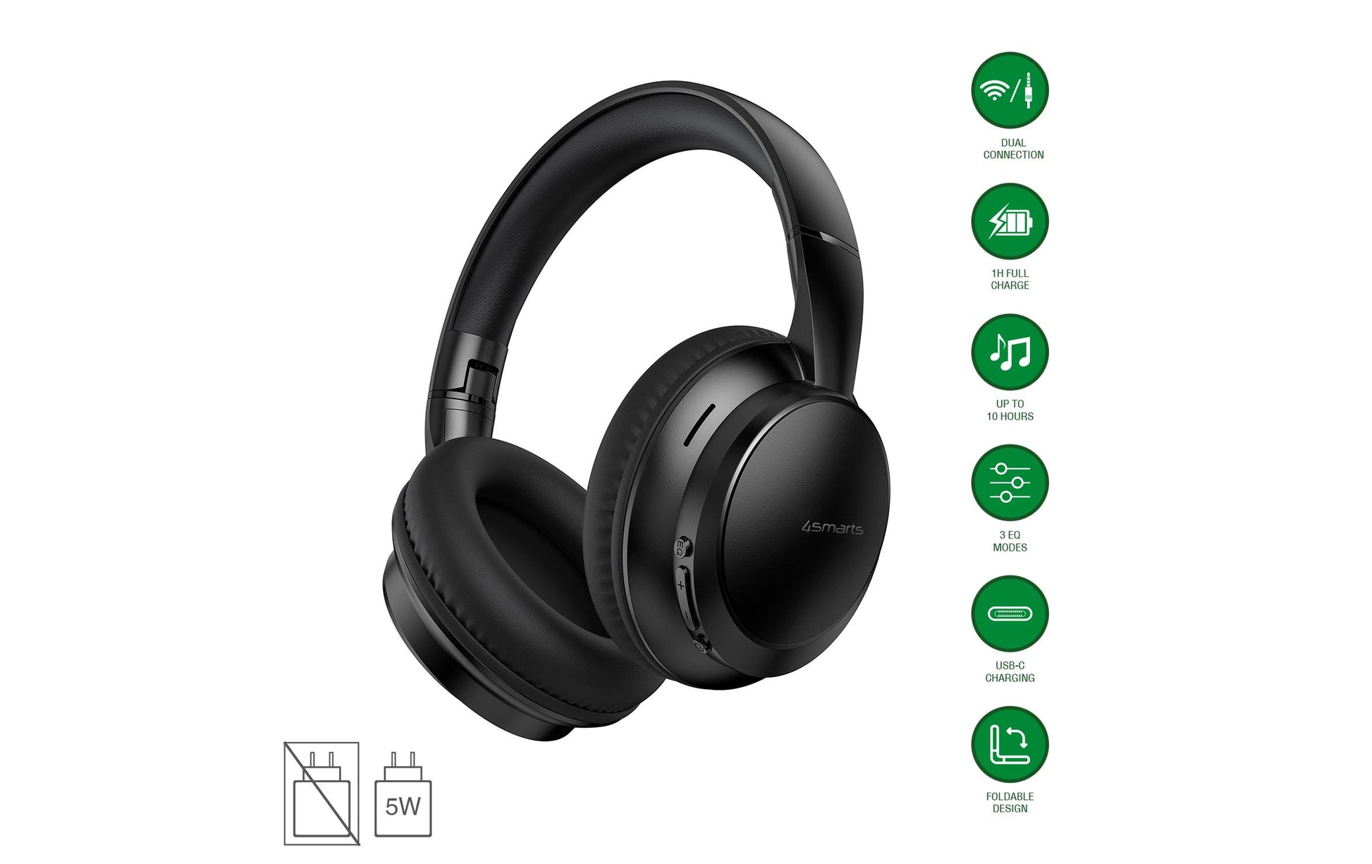 4smarts SkyBuds Wave Over-Ear Kopfhörer – Stereo, Kabel + BT, 3,5 mm Klinke, USB-C, Schwarz, BT 5.4