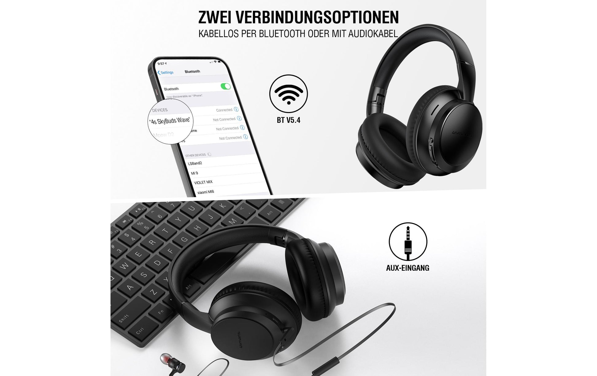 4smarts SkyBuds Wave Over-Ear Kopfhörer – Stereo, Kabel + BT, 3,5 mm Klinke, USB-C, Schwarz, BT 5.4