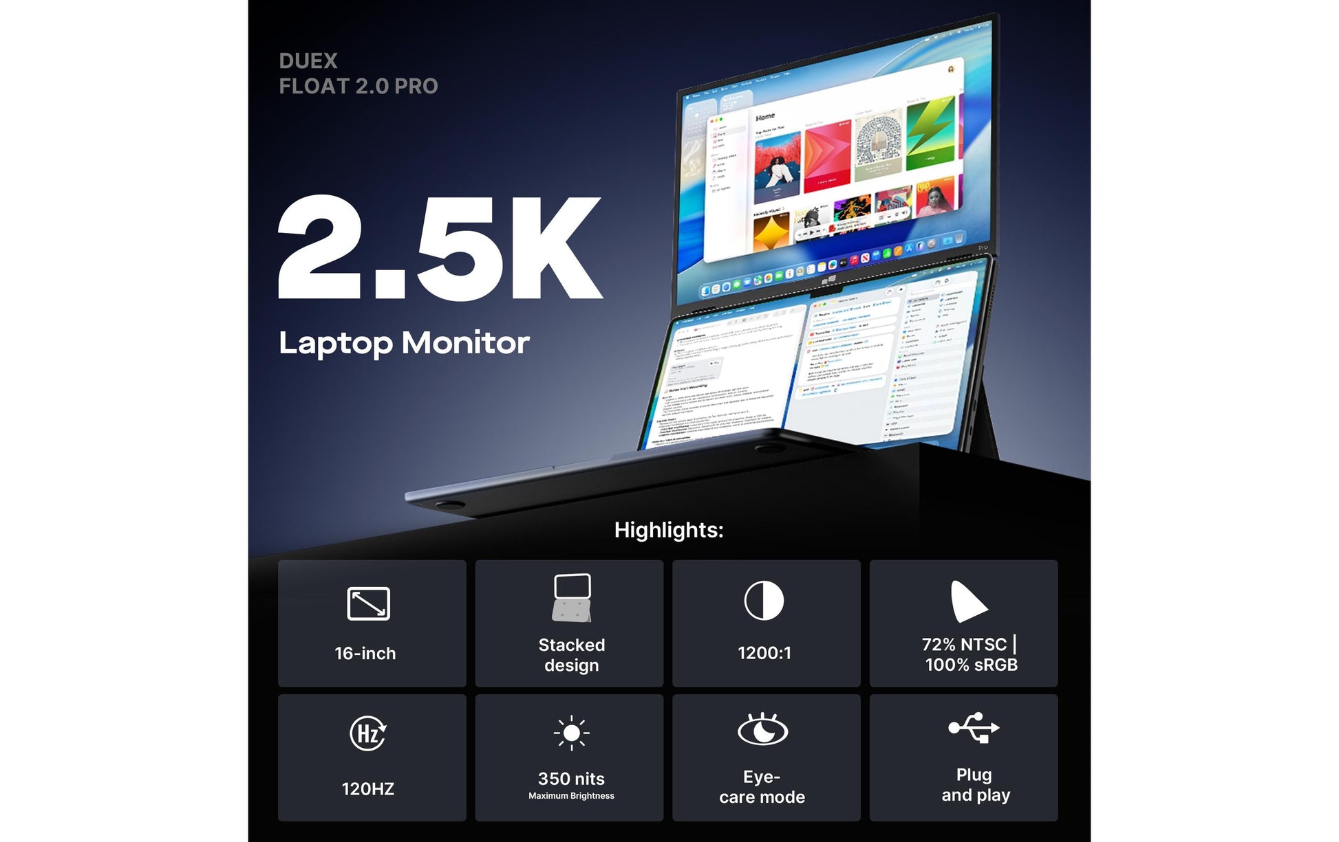 Mobile Pixels Duex Float 2 Pro 16 – Tragbarer Monitor, 16", USB-C, Mini-HDMI, Lautsprecher, USB-Hub, Schwarz