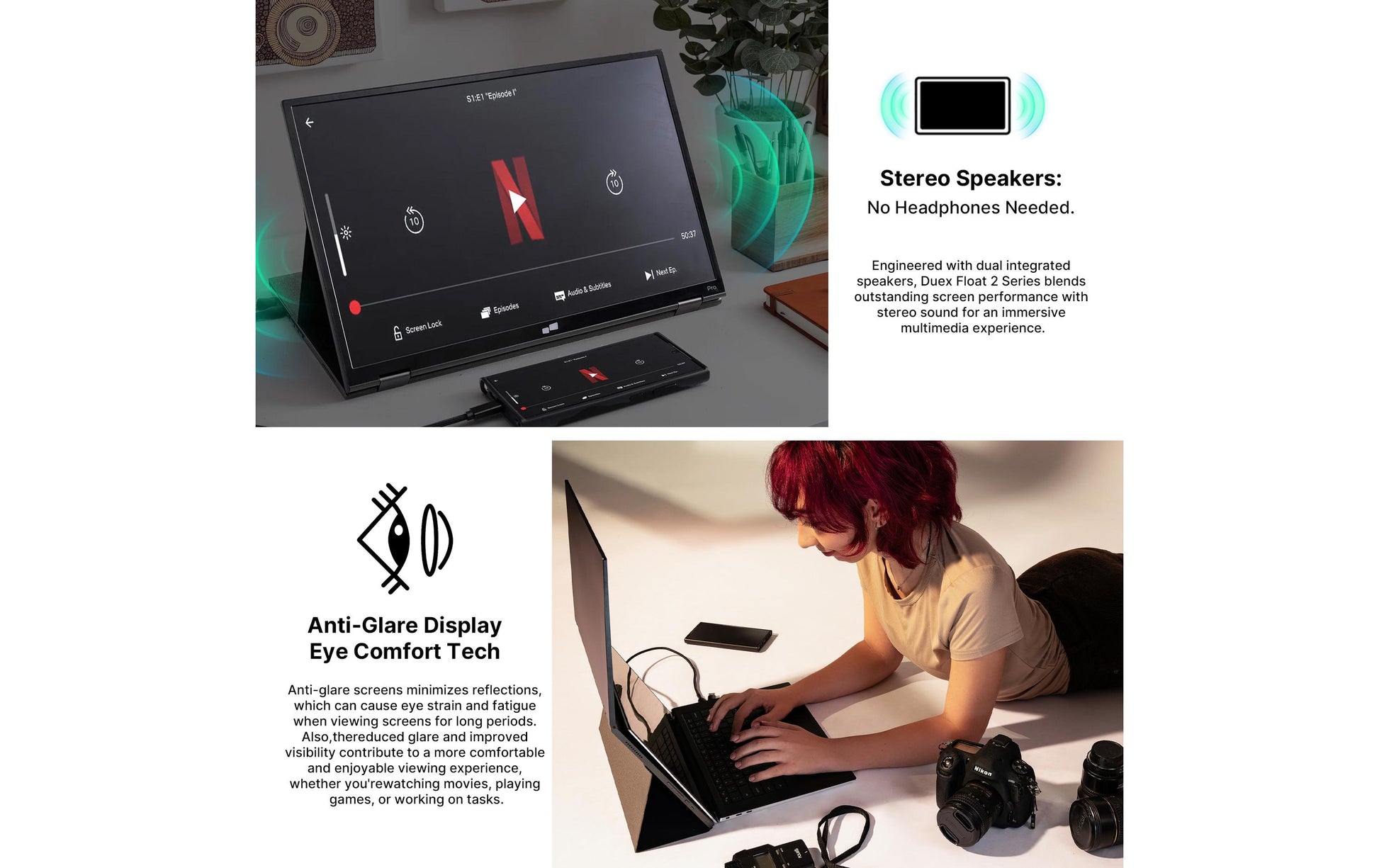 Mobile Pixels Duex Float 2 Pro 16 – Tragbarer Monitor, 16", USB-C, Mini-HDMI, Lautsprecher, USB-Hub, Schwarz