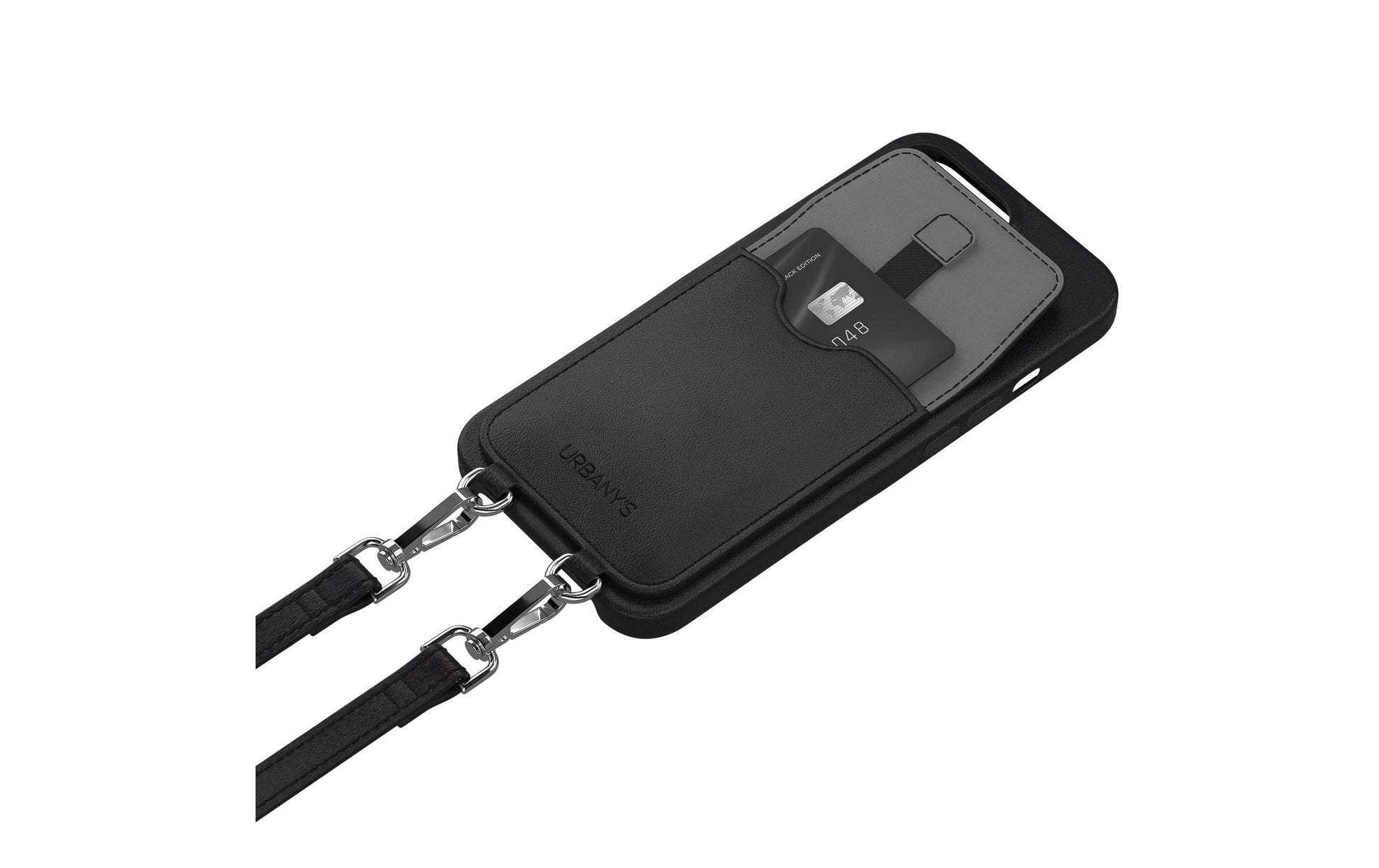 Urbany's Necklace-Hülle – für Apple iPhone 17 – Night Owl, schwarz – Kunstleder – mit Kartenfach