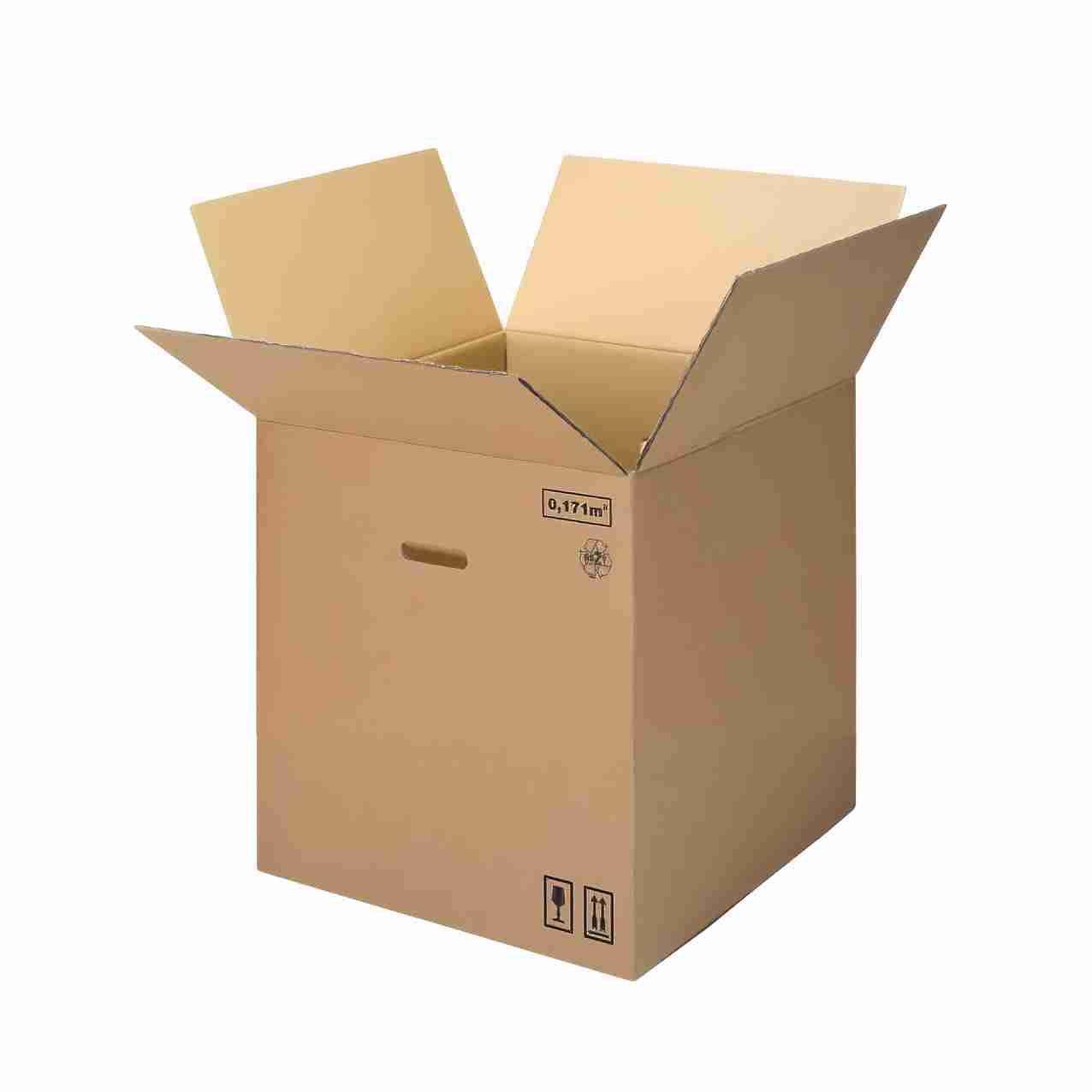 Model Versandbox – 488 × 488 × 453 mm, braun, mit Grifföffnungen – 1 Stk., ab 100 Stk.