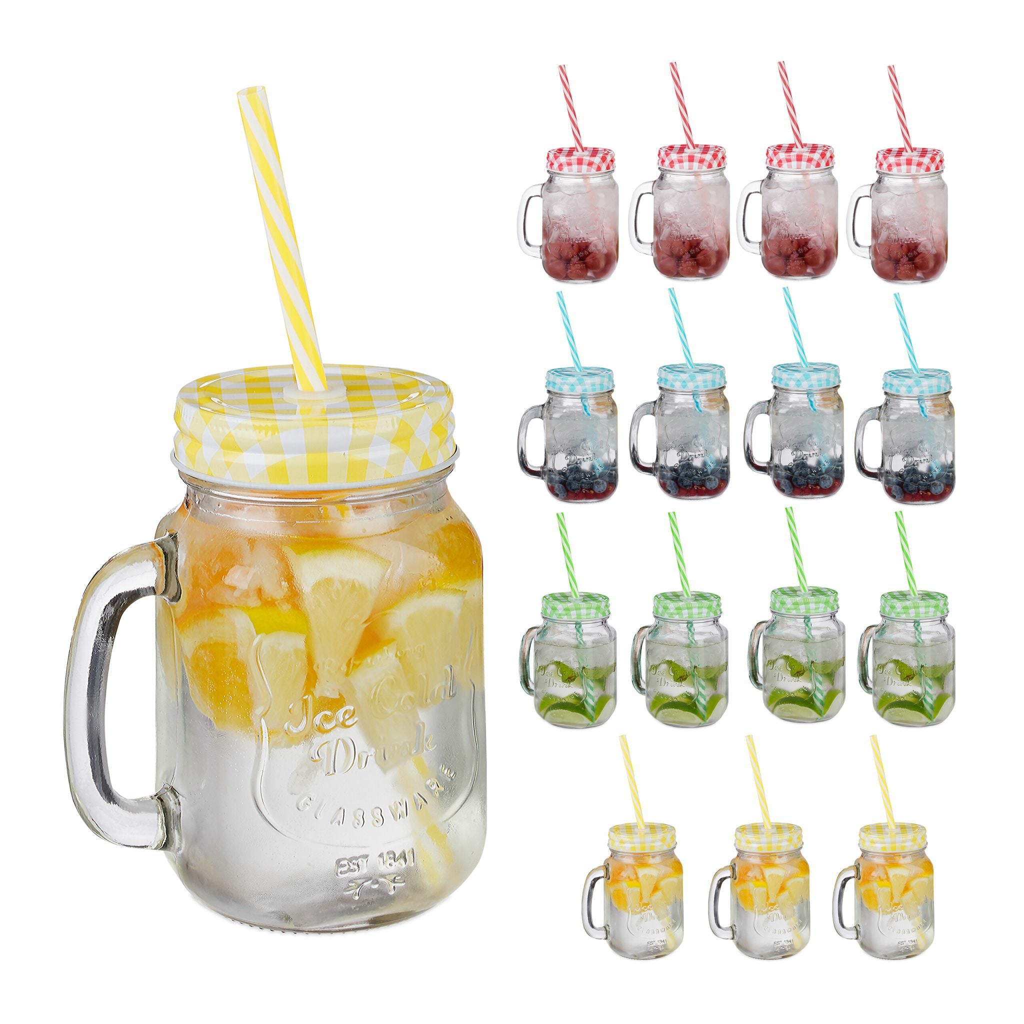 Relaxdays Trinkglas Summer – 16er Set, 500 ml, Glas, Mehrfarbig