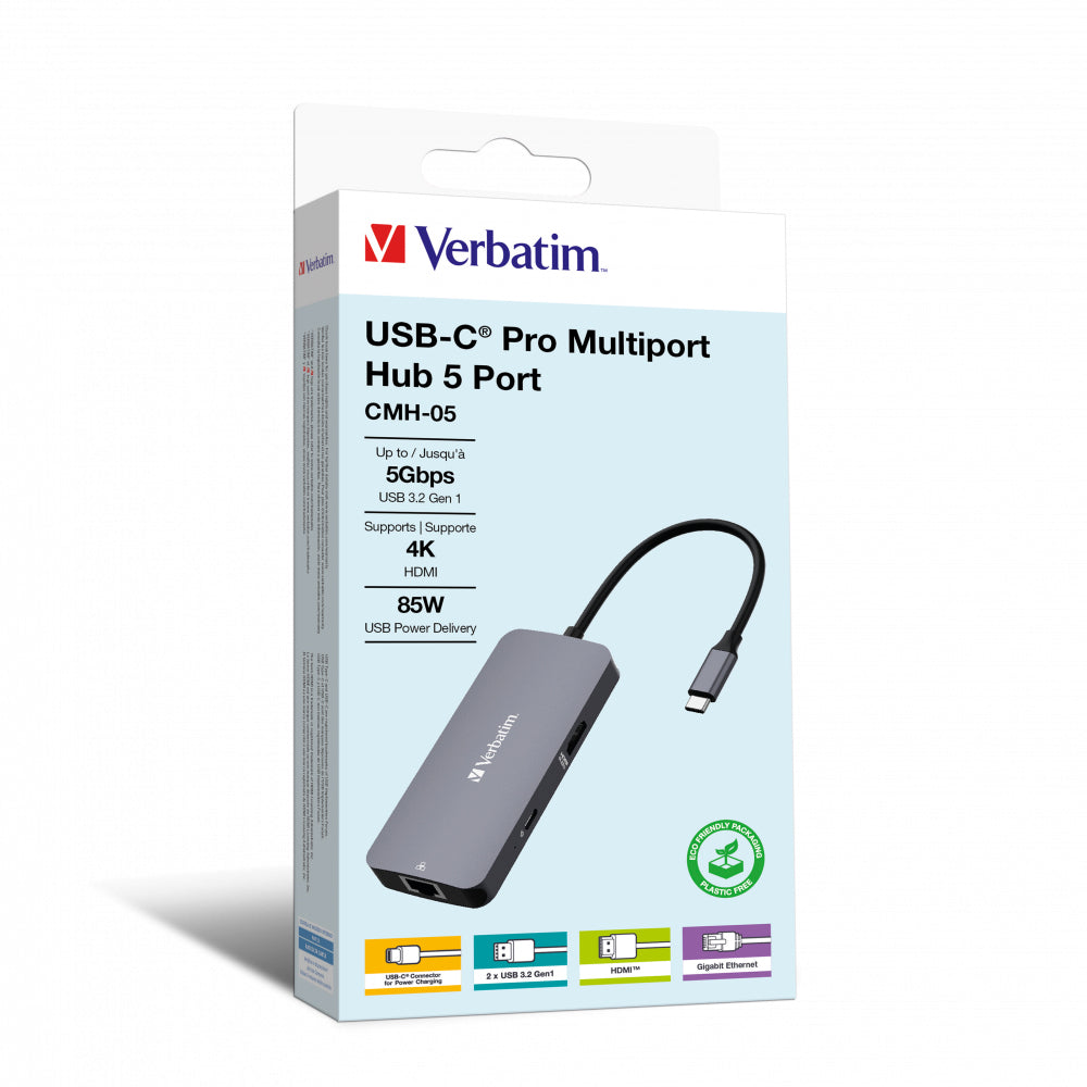 Verbatim CMH-05 Multiport-Adapter – USB-C, 1× HDMI, 2× USB-A, 100 W PD, GbE, für Windows/Mac/ChromeOS