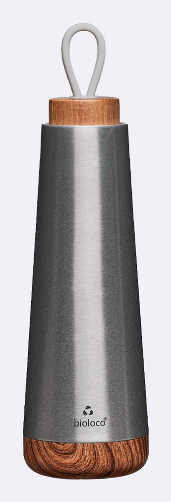 BioLoco Loop Isolierflasche 500 ml – doppelwandig 18 h heiss / 12 h kalt, Edelstahl, Holzdeckel, Silber