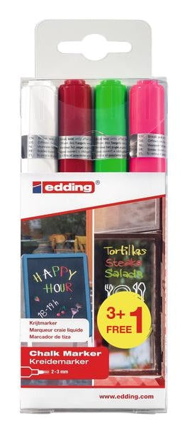 Edding 4095 Kreidemarker – Pinsel 2–3 mm – 4er-Set, Grün/Pink/Rot/Weiss