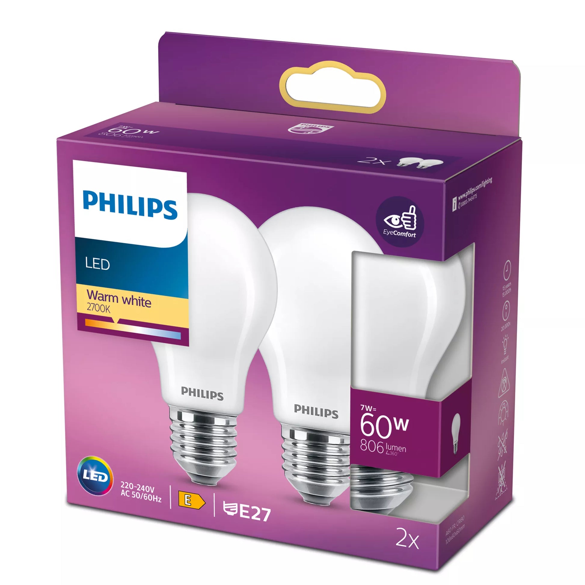 Philips by Signify Philips LED-Leuchtmittel E27 A60 – Warmweiss 2700 K, 806 lm, 7 W – 2 Stk., matt, Glas – LEDClassic