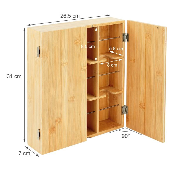 Relaxdays Teebeutelbox Bambus/Edelstahl, 9 Fächer, 26,5 × 7 × 31 cm, Hellbraun