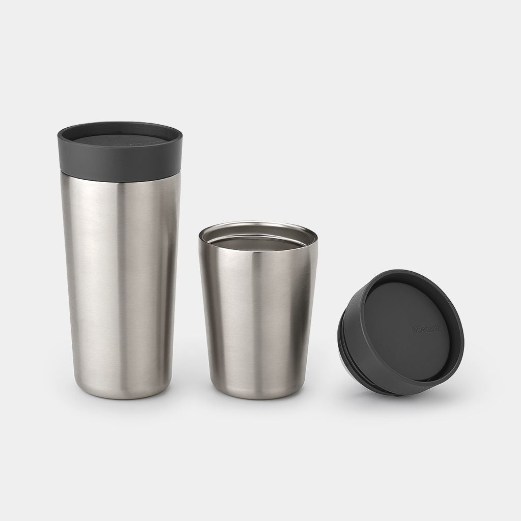Brabantia Make & Take Thermobecher 360 ml – Doppelwandig 6–8 h heiss, Edelstahl, Schraubdeckel, Dunkelgrau