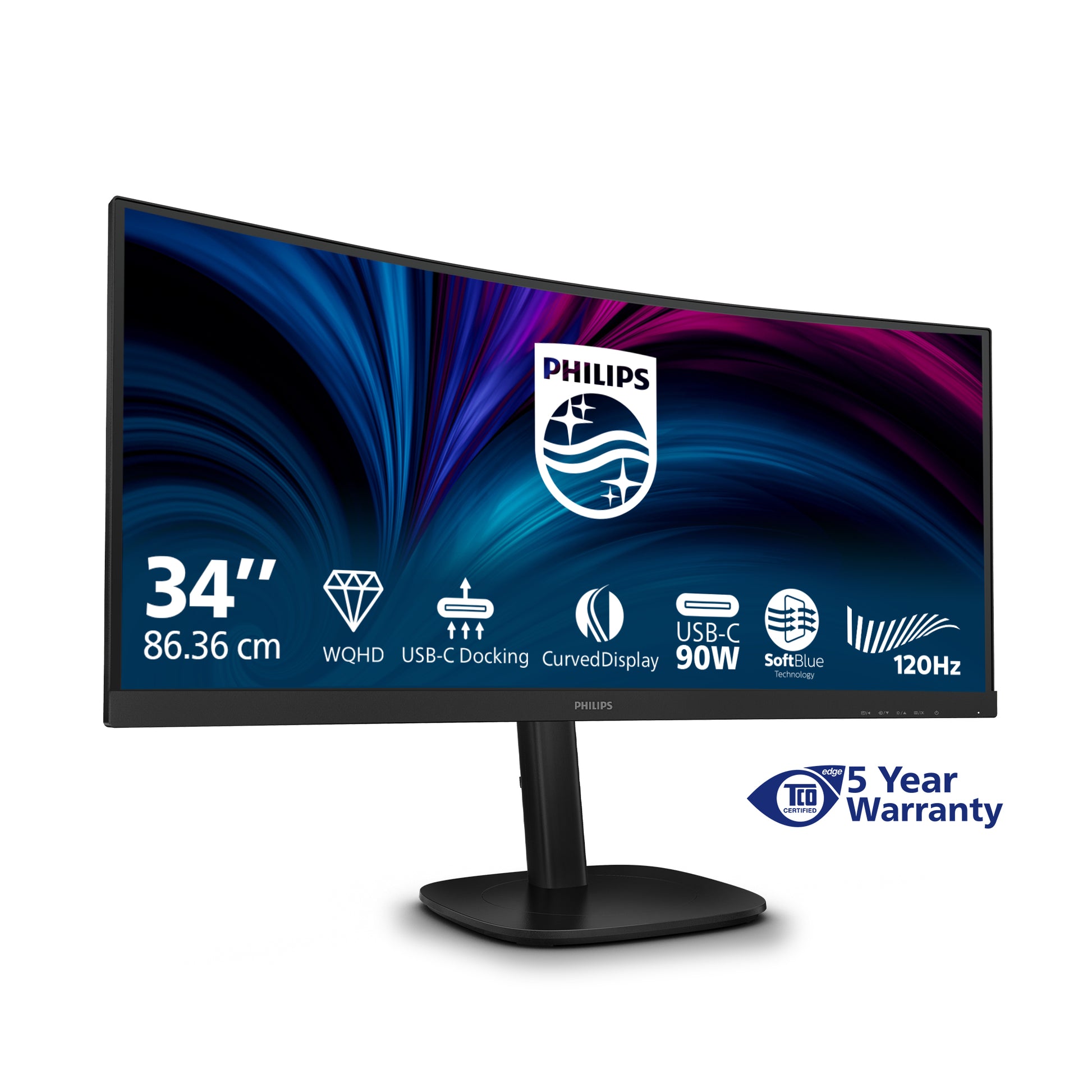 Philips 34B2U3600C/00 – Monitor, 34", VA, 120 Hz, Gebogen, USB-Hub, Adaptive Sync, Lautsprecher, Schwarz