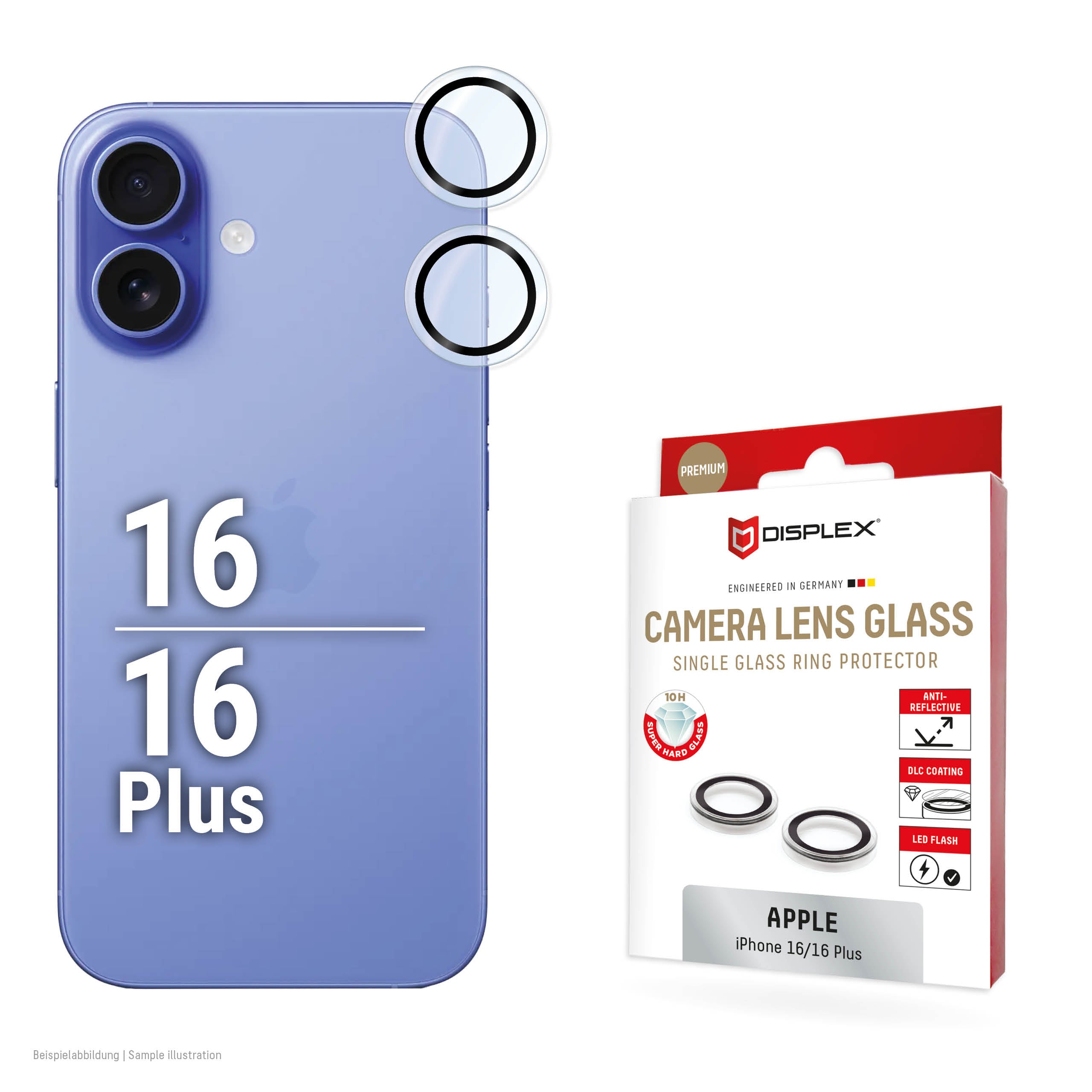 E.V.I. CamGlass Single Lens – Kameraobjektivschutz – 10H – für iPhone 16/16 Plus – Schwarz/Transparent