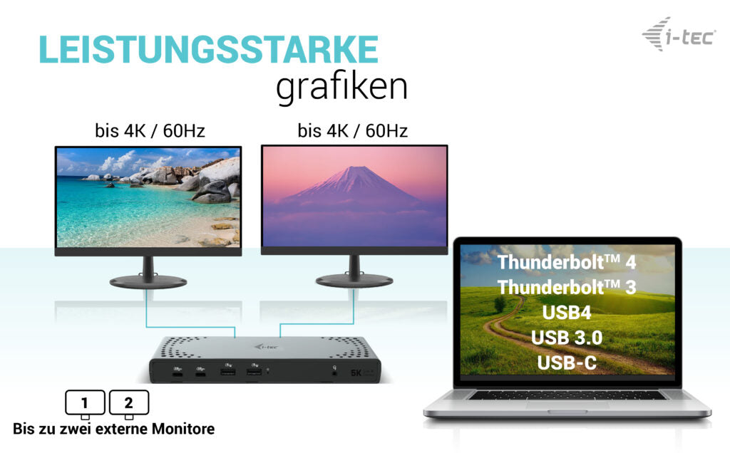 i-tec Dockingstation – USB-C, 2× DP, 2× HDMI, 4× USB-A, 100 W PD, GbE, 3,5 mm Audio, für Windows/Mac/ChromeOS