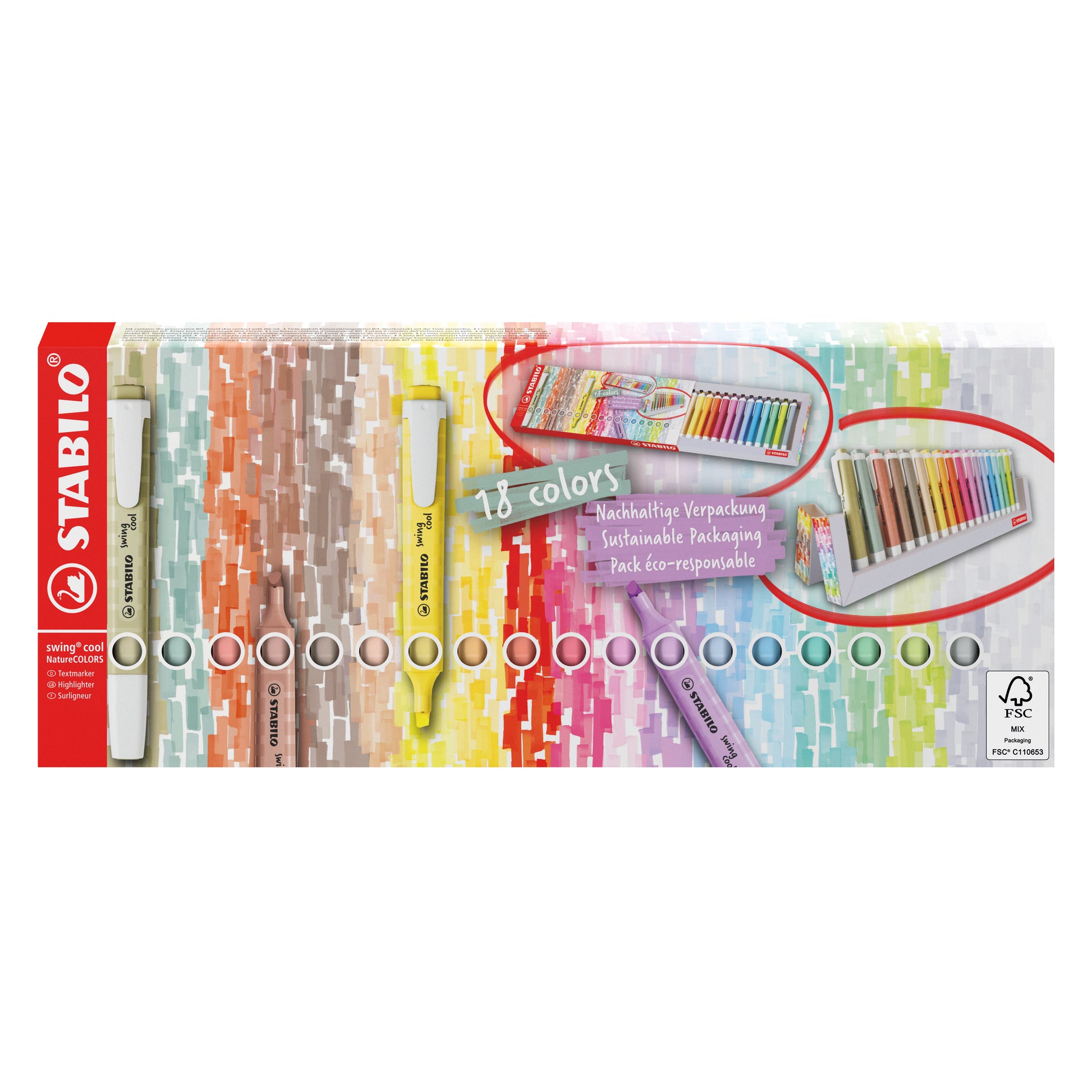 STABILO Swing Cool Textmarker – Desktop Set, 18 Stück, Farben sortiert, Keilspitze 1–4 mm