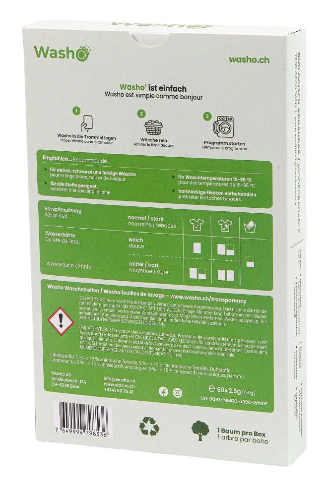 Washo Waschstreifen für Universal Fresh Breeze – Frisch – 60 Streifen – biologisch abbaubar