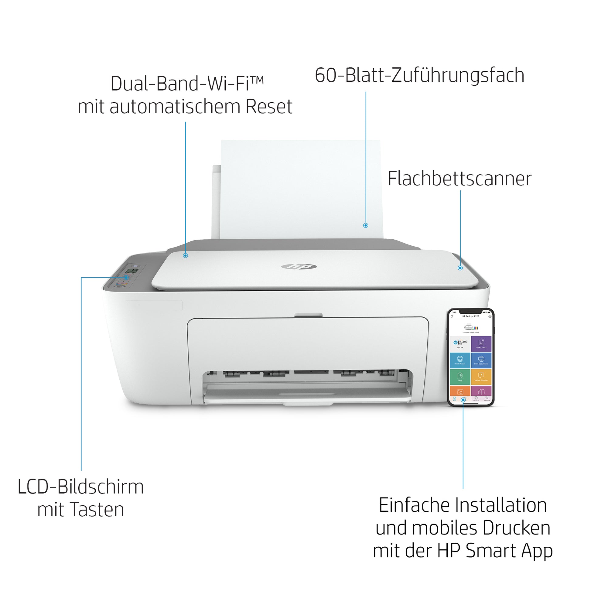 HP DeskJet 2720 – Farbtintenstrahl-Multifunktionsdrucker, A4, 3-in-1, Duplex, WLAN, AirPrint, Mopria