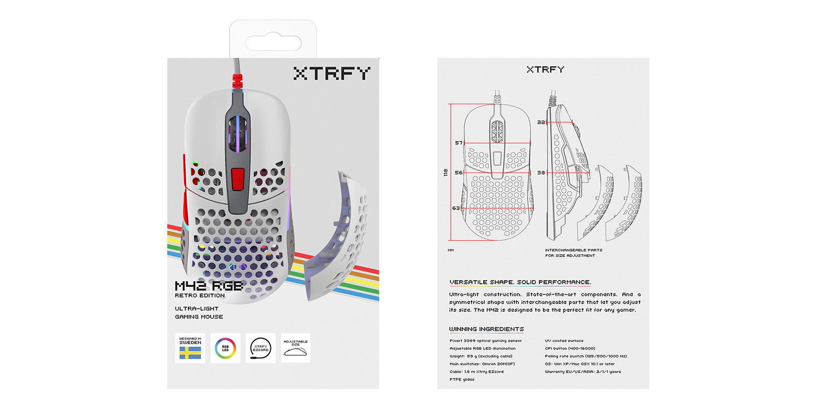R-Go Tools CHERRY XTRFY M42 Gaming-Maus – kabelgebunden, 125/500/1'000 Hz, beidhändig, RGB-Beleuchtung, mehrfarbig