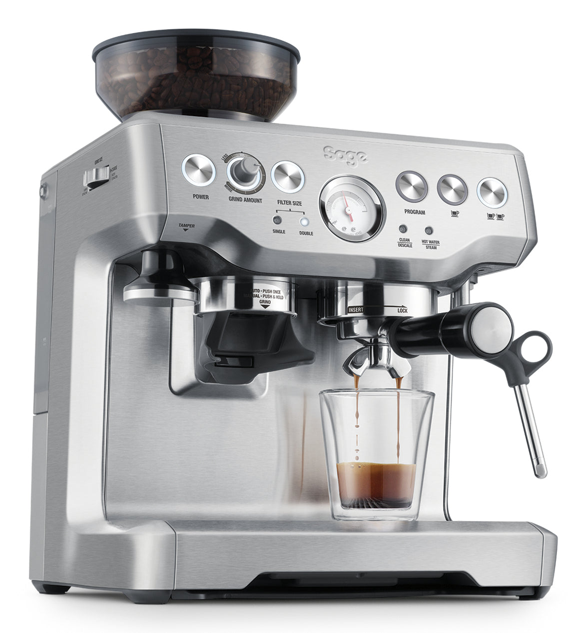 Sage Barista Express Espressomaschine (Siebträger) – 15 bar, 2 l, Milchaufschäumer, Silber