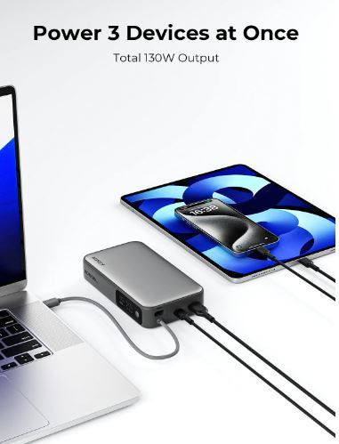 AUKEY Powerbank 20000 mAh, PD 100 W, mit integriertem USB-C-Kabel, für Smartphones, Weiss/Grau