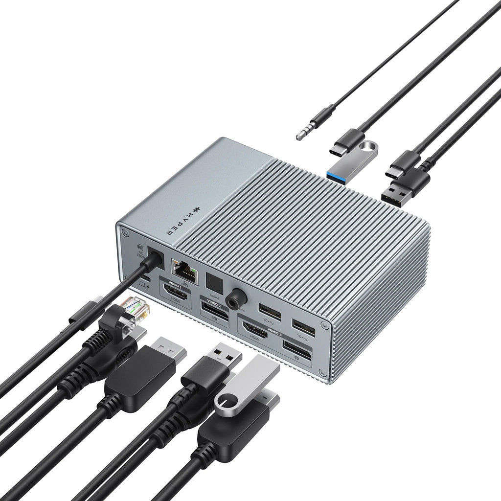 HYPER HDG215-EU Dockingstation – USB-C, 2× DP, 2× HDMI, 3× USB-A, 2× USB-C, 100 W PD, GbE, für Windows/Mac/iPad