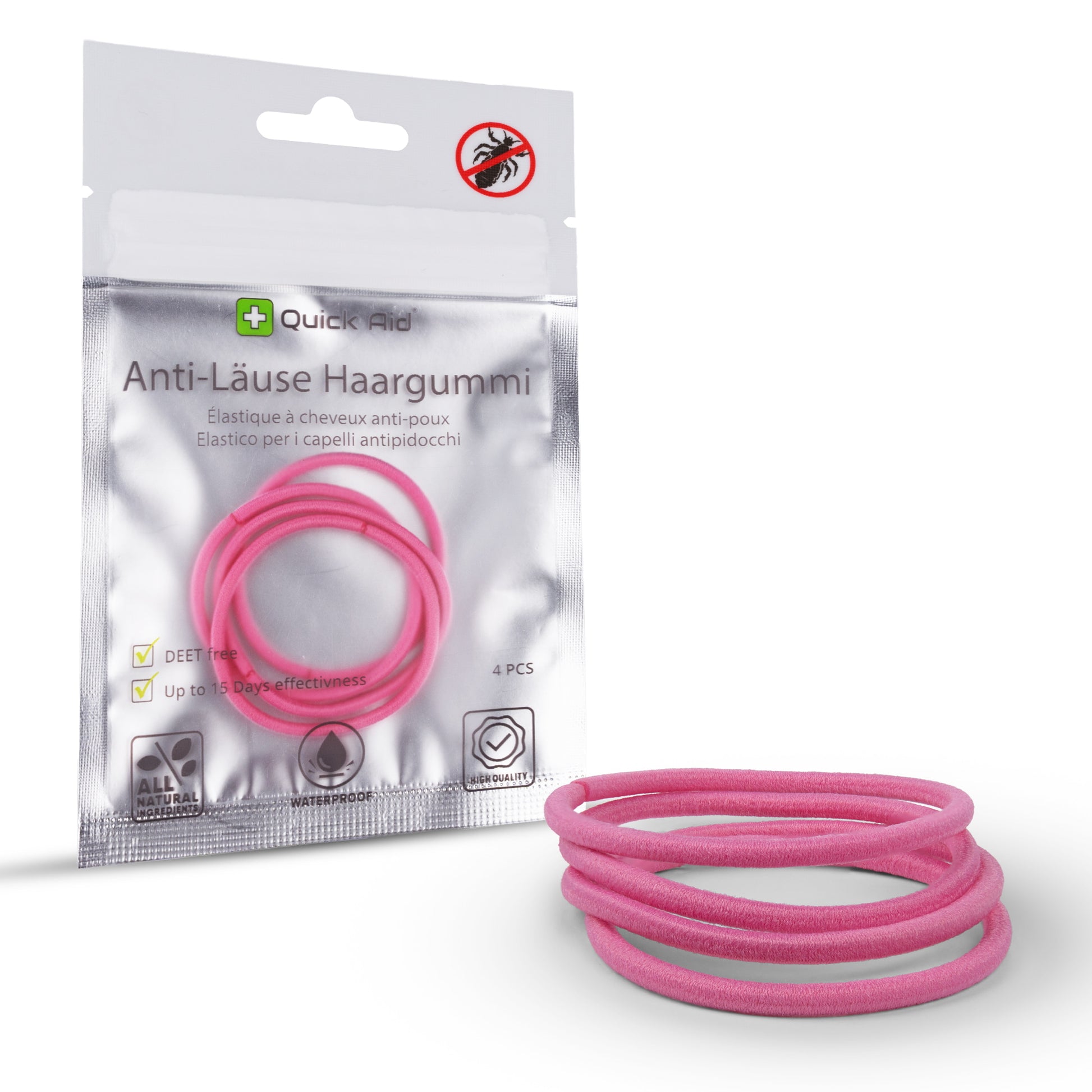 Quick Aid Anti-Läuse Haargummi – 4 Stk, pink