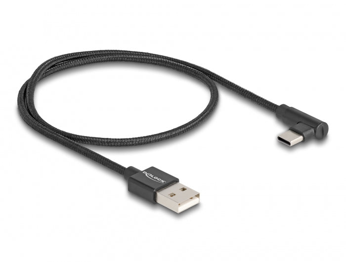 DeLOCK USB-A auf USB-C Kabel – USB 2.0 (480 Mbit/s) – 0,5 m – Textilmantel, Abgewinkelt – Schwarz