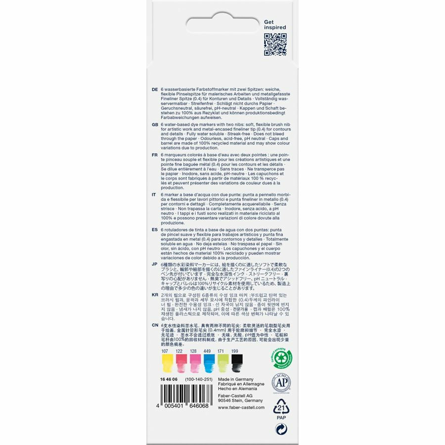 Faber-Castell Goldfaber Aqua Dual Marker – Doppelspitze, Pinsel + 0,4 mm, wasservermalbar, 6 Farben