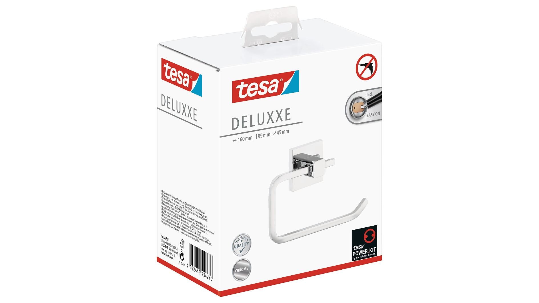 TESA Toilettenpapierhalter DELUXXE – Metall/Chrom, selbstklebend, 4,5 × 16 × 9,9 cm