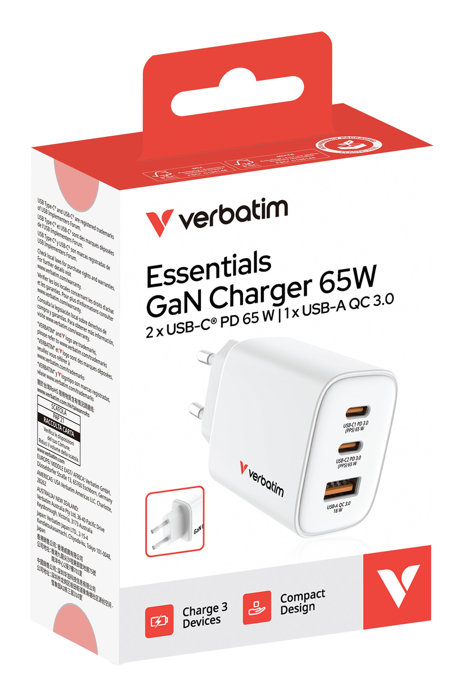 Verbatim Essentials GaN Ladegerät USB-Ladegerät 65 W – USB-C×2, USB-A×1 – PD 3.0, QC 3.0, PPS, GaN – EU-Stecker