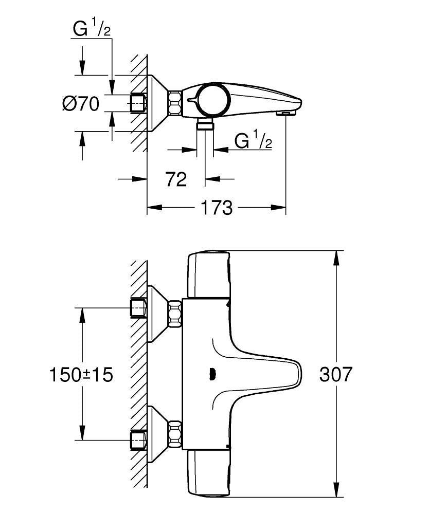 GROHE Badebatterie Precision Flow – 17,3×30,7×7 cm, Messing, Aufputz-Thermostat, Schwarz matt