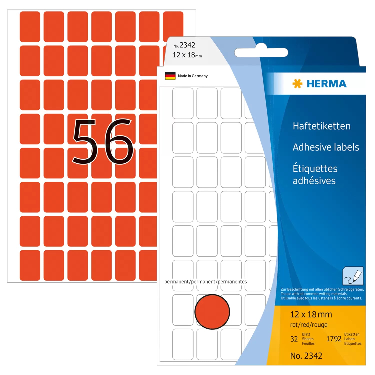 HERMA Haftetiketten – rechteckig 12 × 18 mm, stark haftend, rot, Papier, 32 Blätter (1'792 Stk.)
