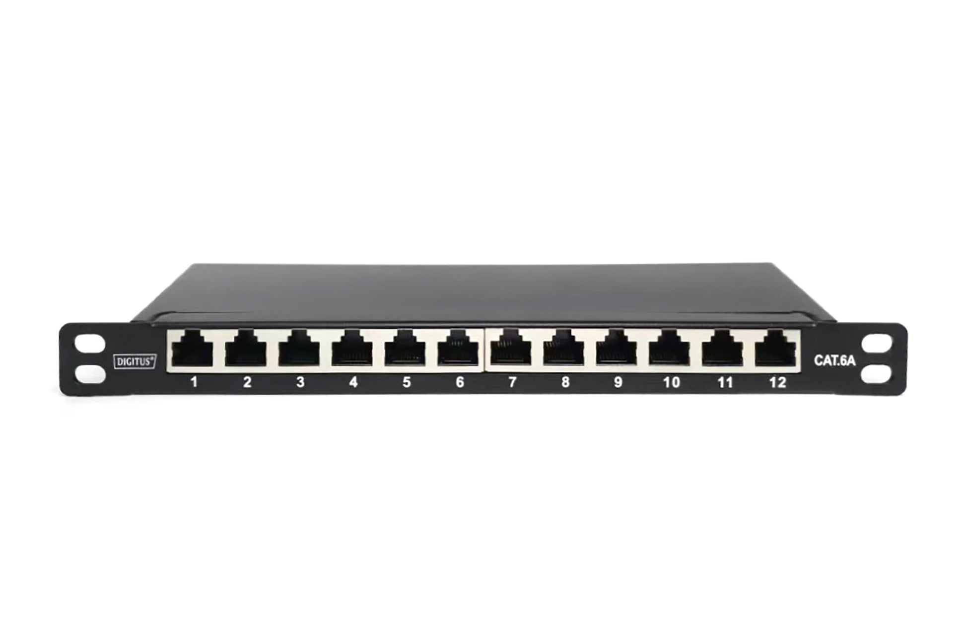 Digitus Slim Patchpanel – Cat6A, 12-Port, 10", 0,5 HE, geschirmt, Schwarz