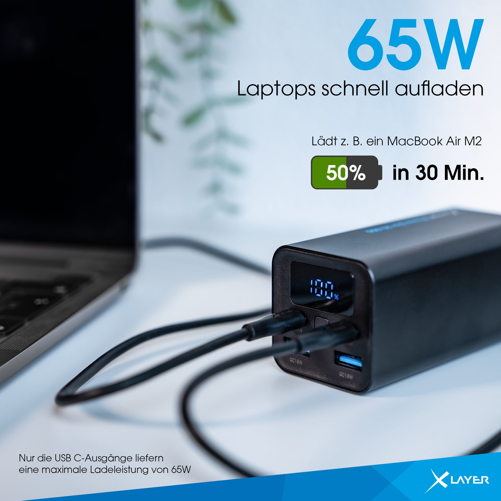 Xlayer Powerbank 20'000 mAh – 65 W PD, 2× USB-C, 2× USB-A, schwarz