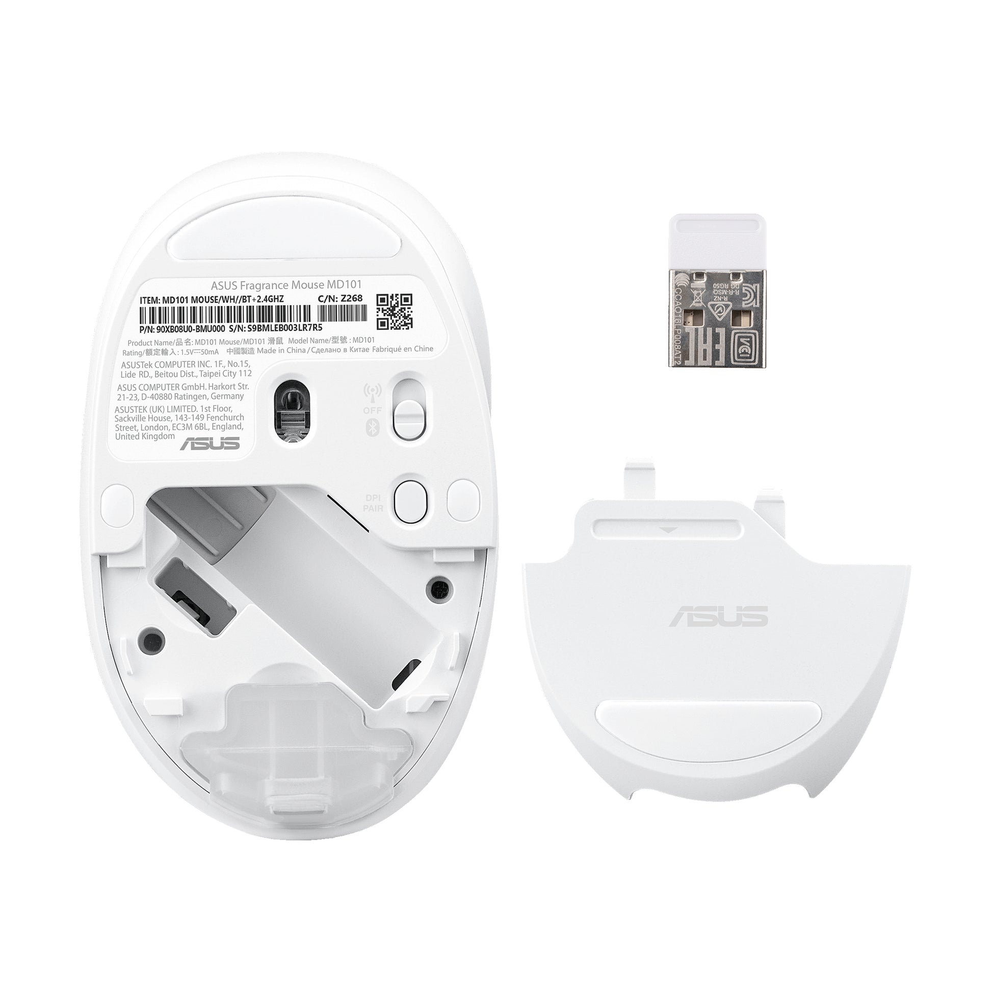 ASUS Fragrance MD101 – Maus – Kabellos (Bluetooth/2,4 GHz), 2400 DPI, beidhändig, Weiss