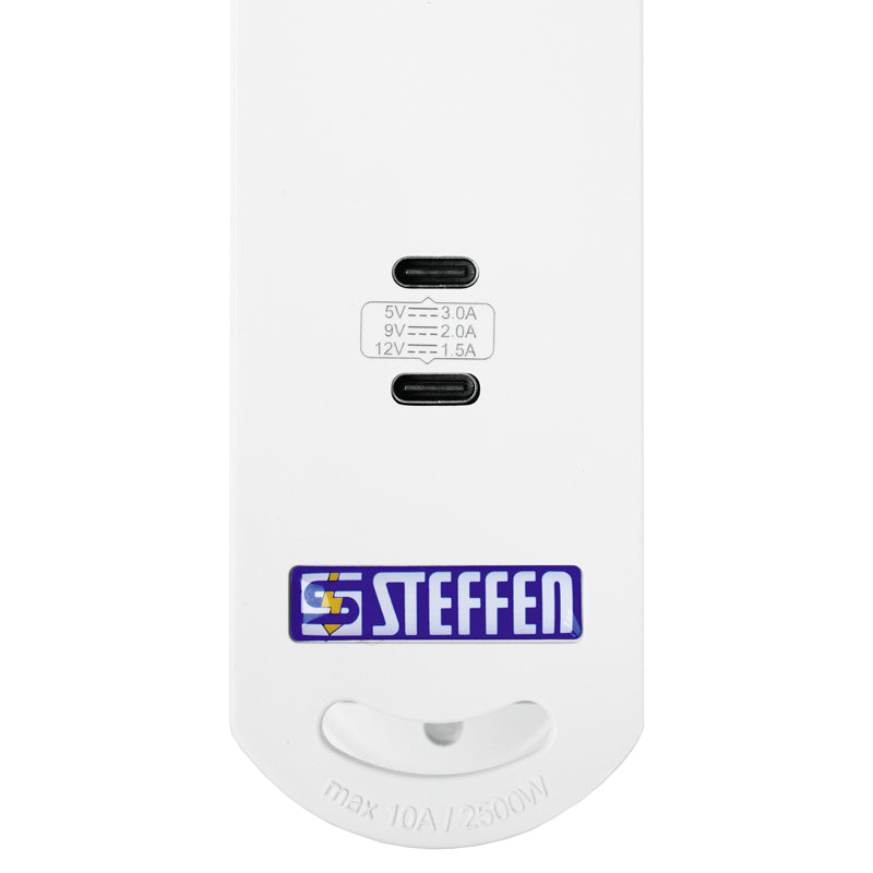 Steffen VARIABL Steckdosenleiste, 6×T13, 2×USB-C PD 18 W (36 W), mit Schalter, 3 m – Weiss