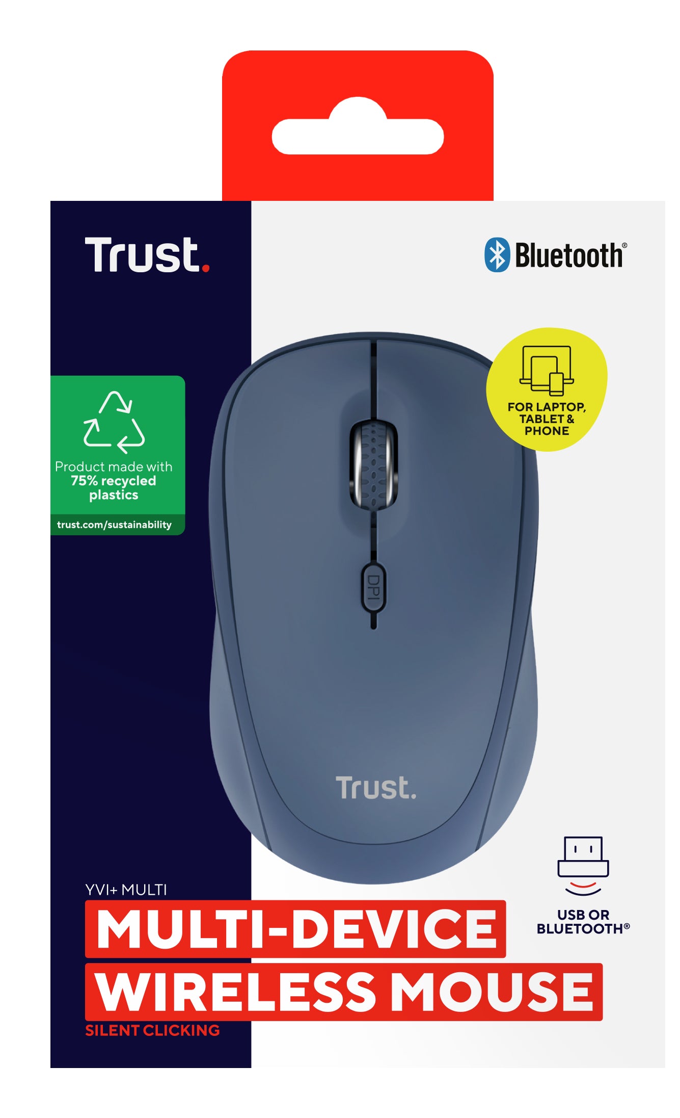 Trust Yvi+ multi Device – Maus – Kabellos (Bluetooth/2,4 GHz), 1600 DPI, beidhändig, Blau