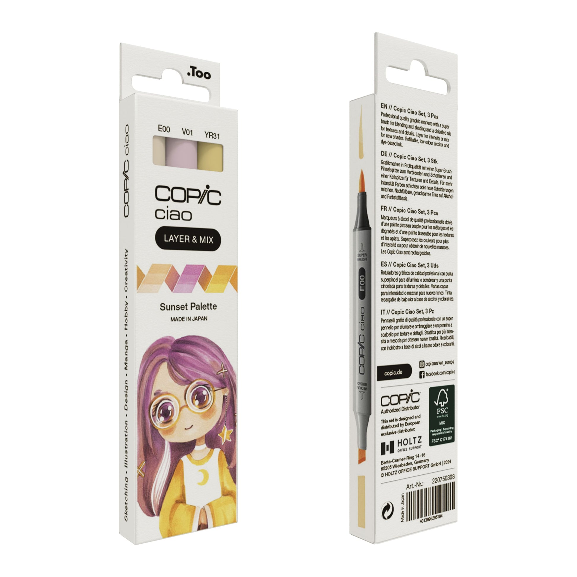 Copic Ciao Brush Pen, Doppelspitze, Sunset Palette – Pinselspitze + Keilspitze, alkoholbasiert, 3 Farben