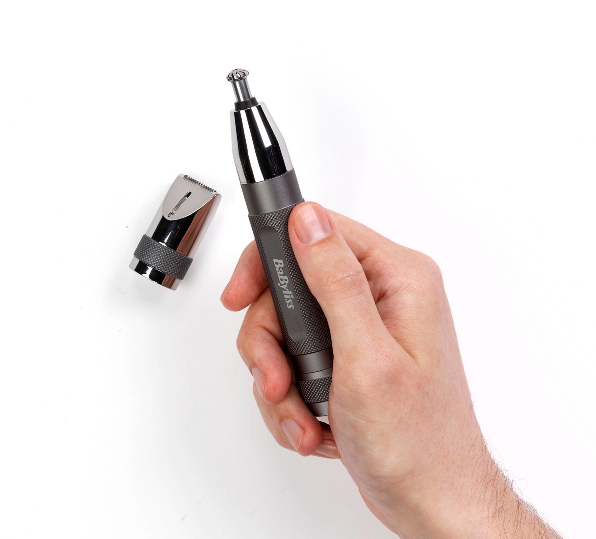 BaByliss Nasenhaarschneider E116E – batteriebetrieben, 2 Kammaufsätze – grau, Edelstahlmesser
