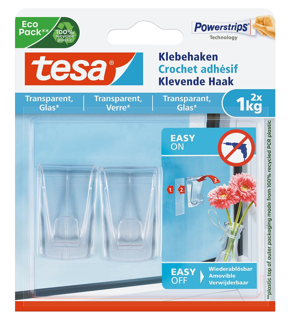 TESA Klebehaken – Polystyrol, 1 kg, für Glas, Klebestreifen, Transparent, 2er-Set