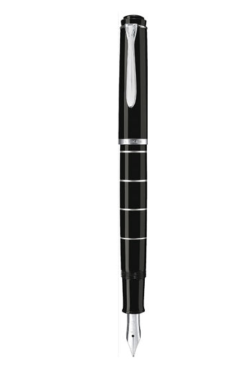 Pelikan M 215 mit silberfarbenen Ringen – Mittlere Feder – schwarz, Metall