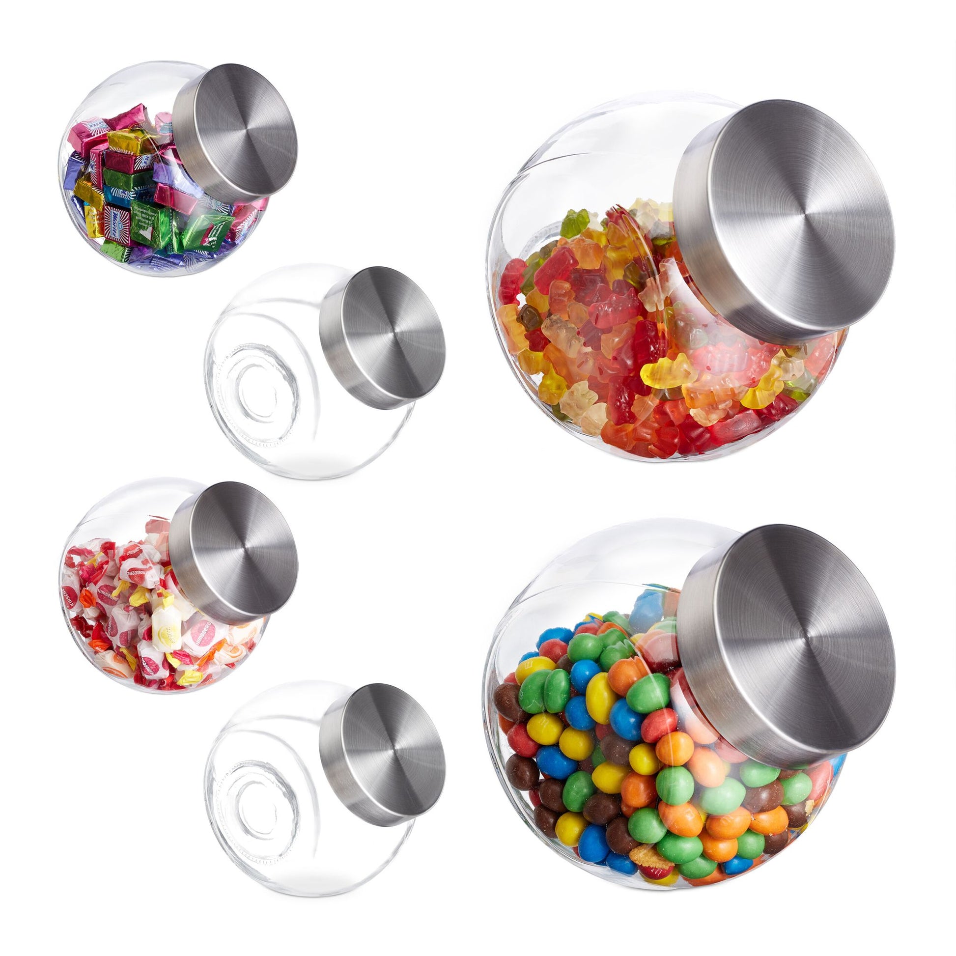 Relaxdays Vorratsdose 1,5 l, Ø 16 × 11 cm, Glas, mit Edelstahl-Deckel, 6er-Set