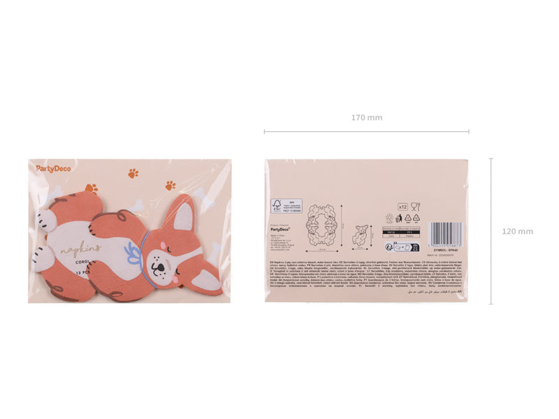 PartyDeco Servietten Corgi, 11 × 15 cm, mehrfarbig – 12 Stk.