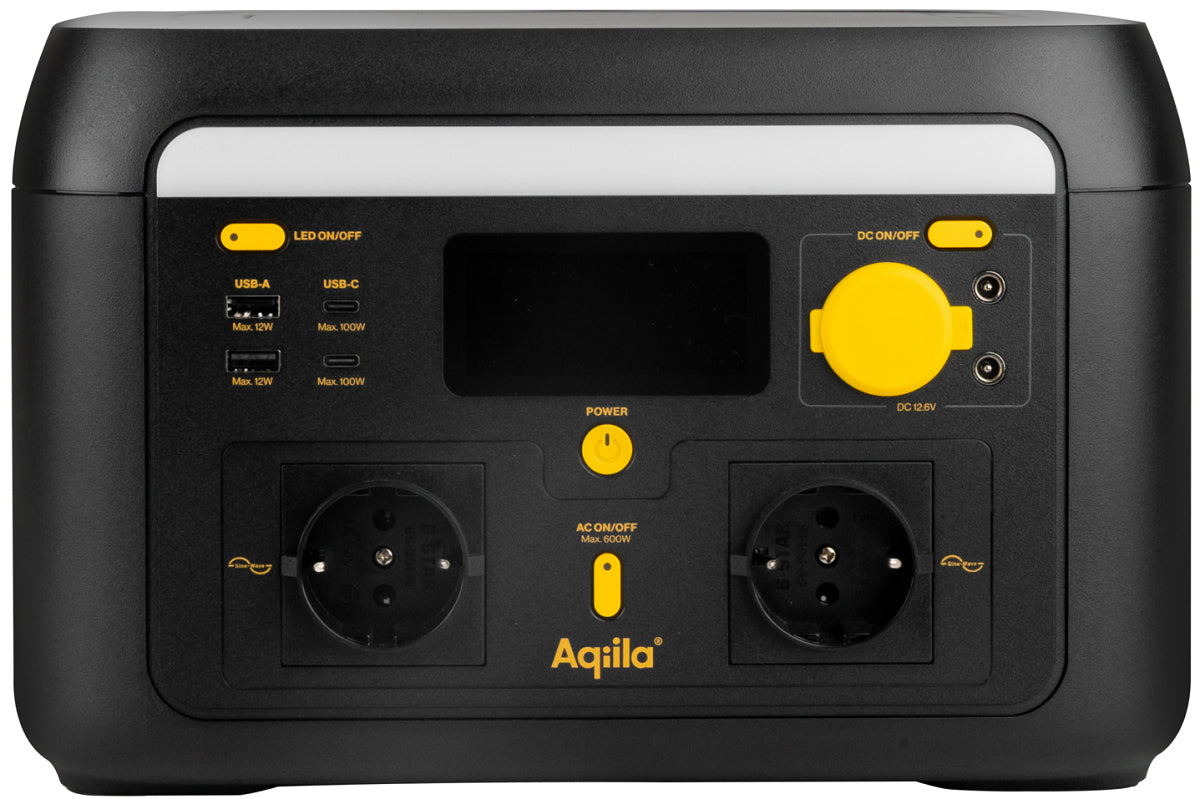 Aqiila Powerbird S600 – Powerstation, 512 Wh, 1'000 W AC, LiFePO4, 2× Schuko (Typ F), WLAN, LCD
